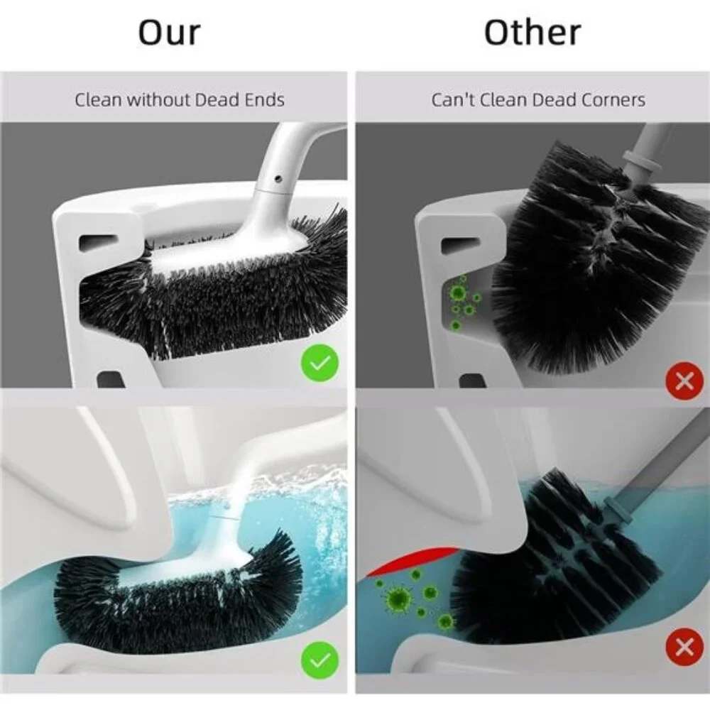 Toilet Brush Set 2 Pack Bathroom Cleaner Deep Cleaning Curved Bristle Holder